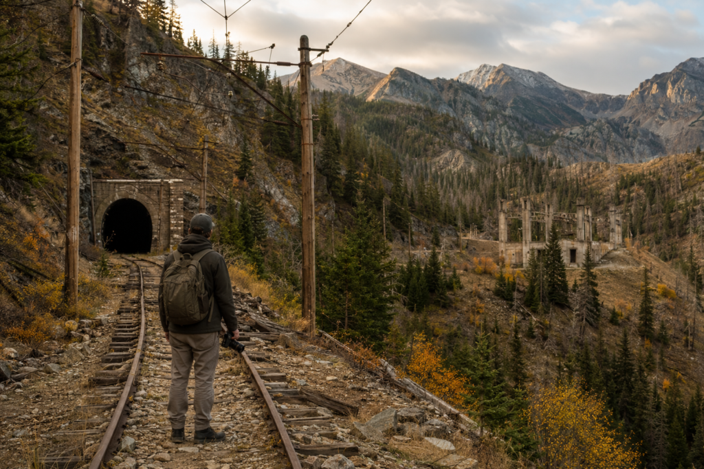 A vintage electric train pulling a freight load through a rugged mountain pass along the Milwaukee Road in Montana.