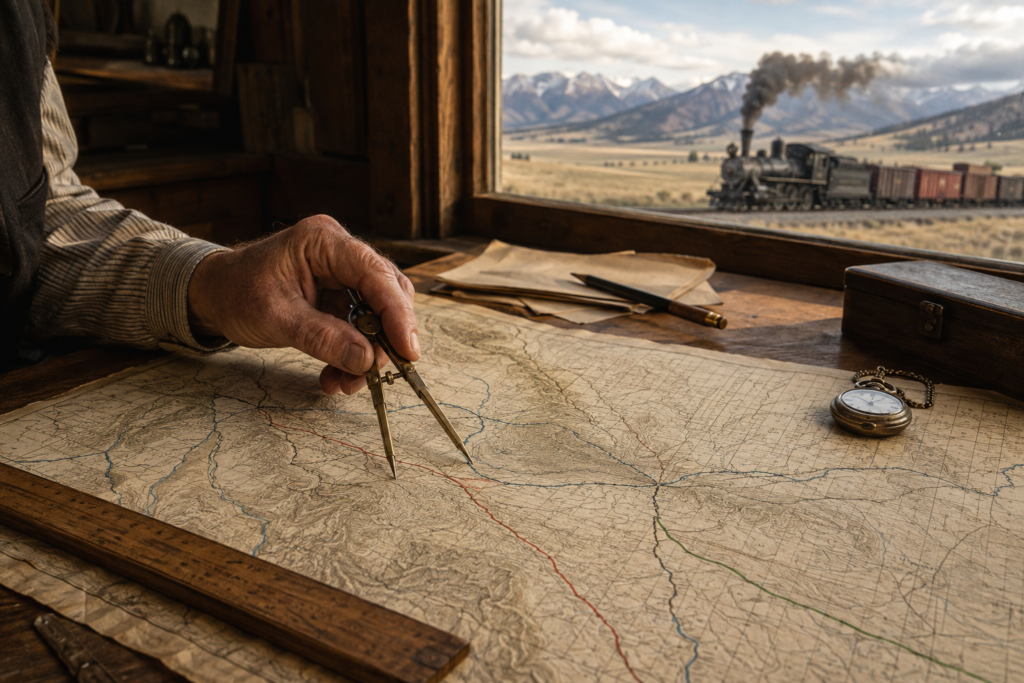 Hands unfolding a historic Montana railroad map on a wooden table, with a steam train crossing a mountain bridge in the background.