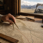 Hands unfolding a historic Montana railroad map on a wooden table, with a steam train crossing a mountain bridge in the background.