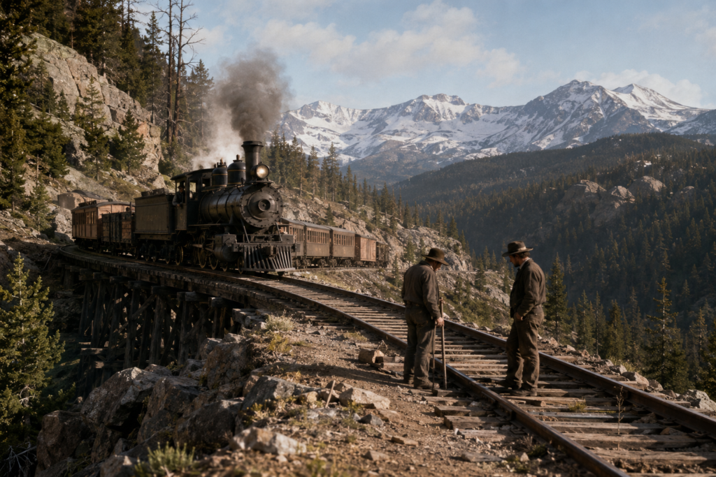 Kereta api uap Northern Pacific Railway melintasi jalur pegunungan di Montana dengan latar pemandangan alam dan bukit.