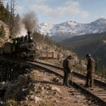 Kereta api uap Northern Pacific Railway melintasi jalur pegunungan di Montana dengan latar pemandangan alam dan bukit.