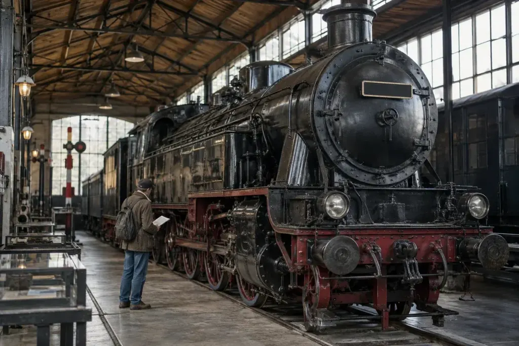 A historic steam locomotive in a railway museum with blank unreadable number plate, archival research mood.
