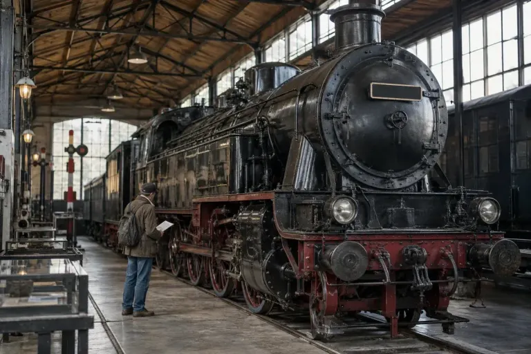 A historic steam locomotive in a railway museum with blank unreadable number plate, archival research mood.