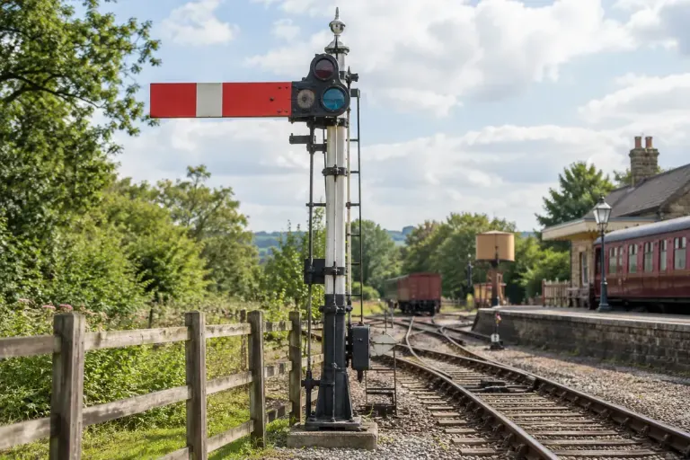 A historic semaphore railway signal exhibited at an outdoor museum, safe public viewpoint.