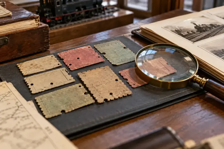 Archival railway ticket-shaped paper slips without legible writing displayed beside a magnifying glass, museum research desk.
