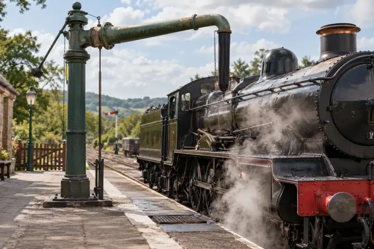 A preserved steam railway water crane beside tracks and an old locomotive, viewed from a safe platform.