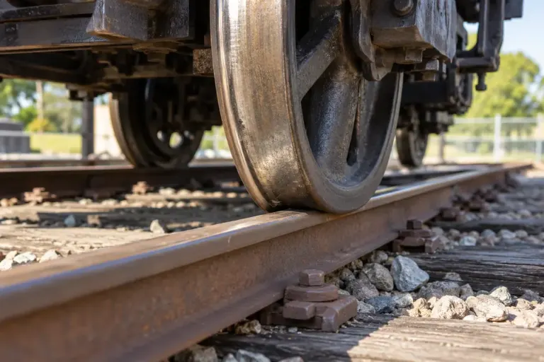 Close view of a museum railway wheelset showing steel wheel flange resting on a rail, no people on active track.