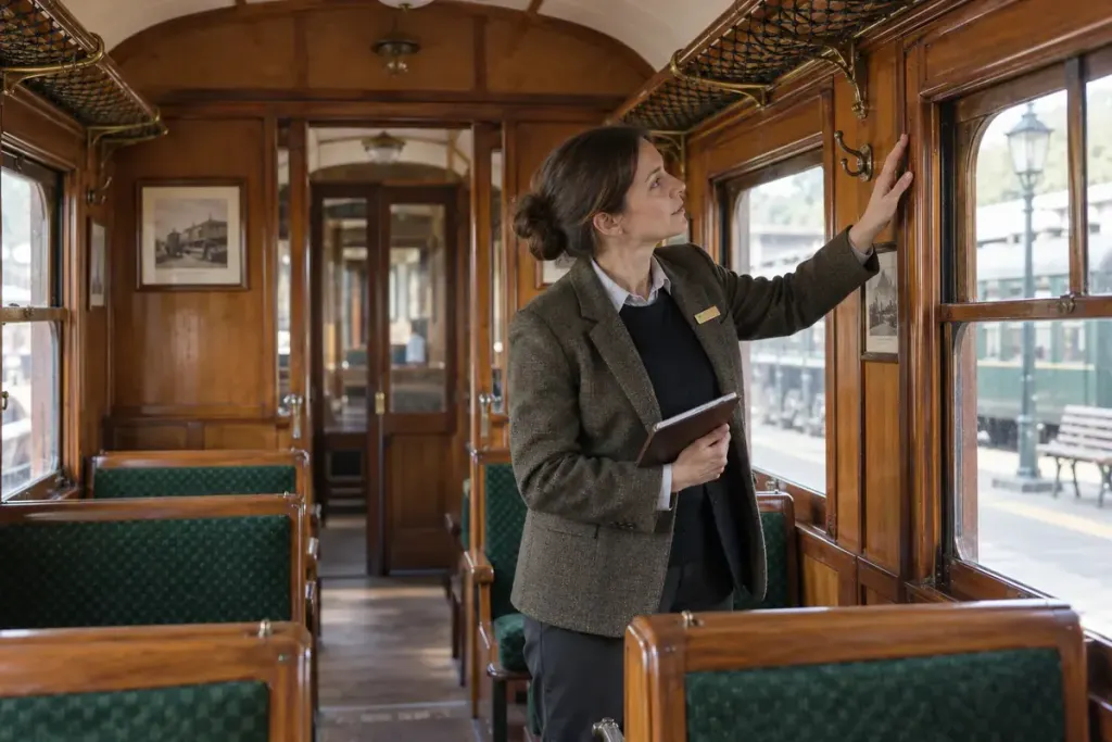 A railway museum guide examining the interior of a restored wooden passenger carriage.
