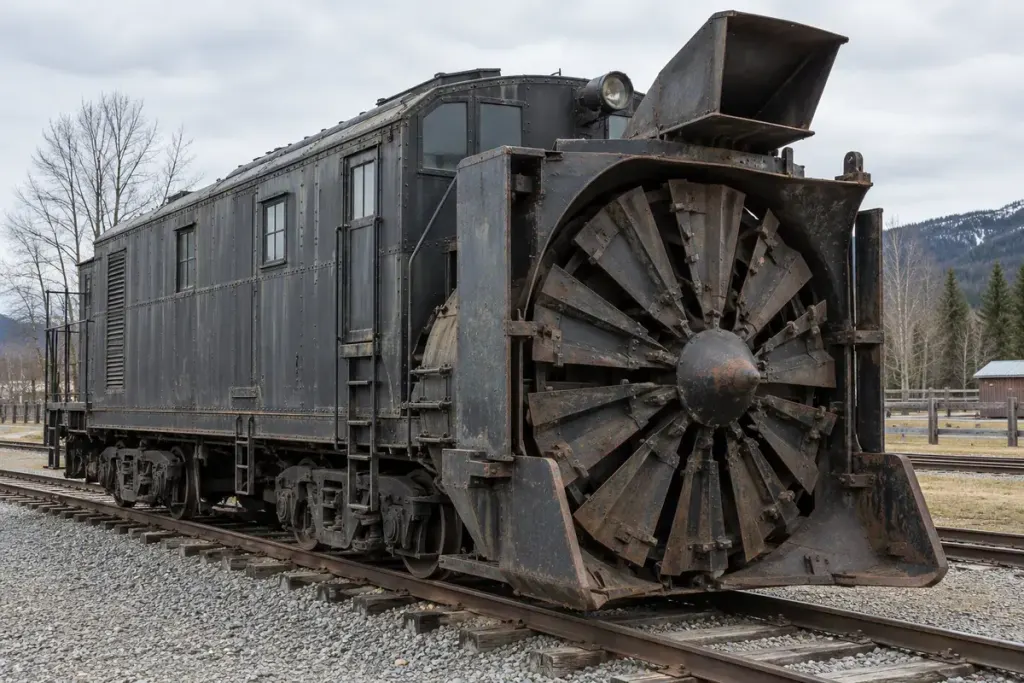 Illustrative railway rotary snowplow with its circular front cutting mechanism.