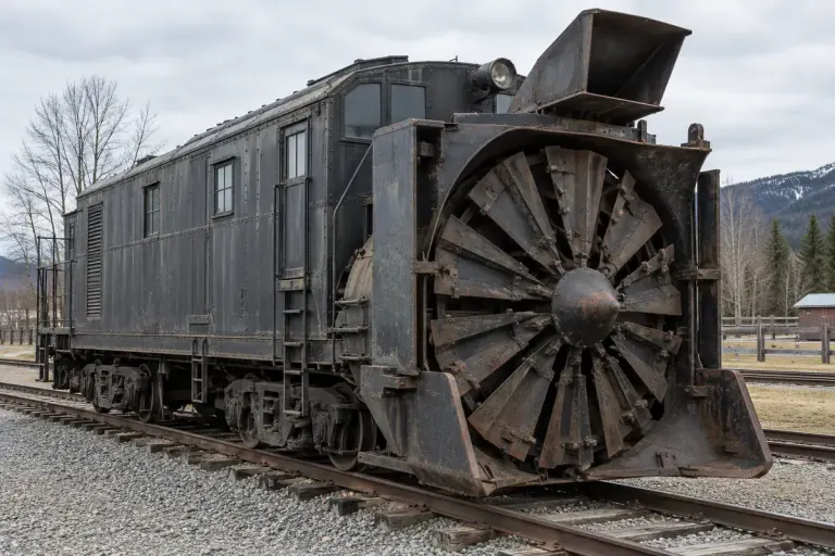 Illustrative railway rotary snowplow with its circular front cutting mechanism.
