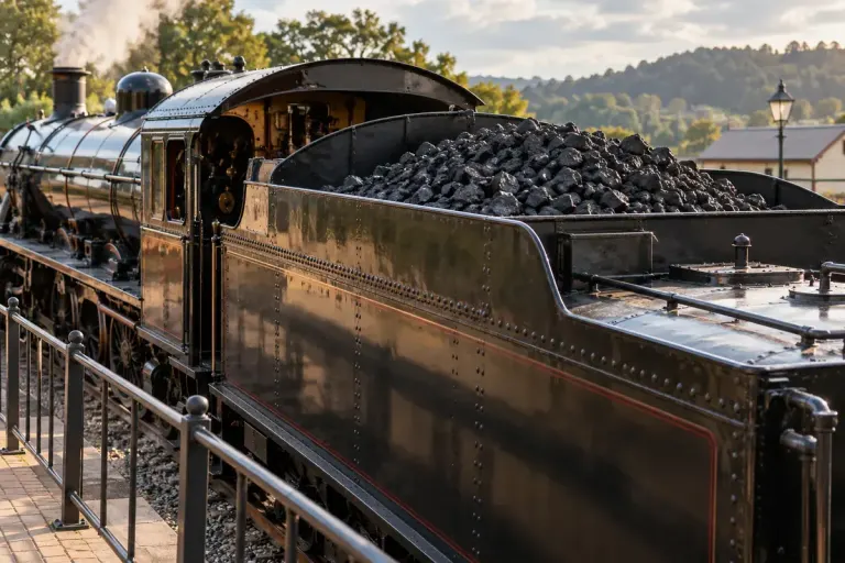 Historic steam locomotive tender showing coal bunker and water tank from a safe museum viewing area.