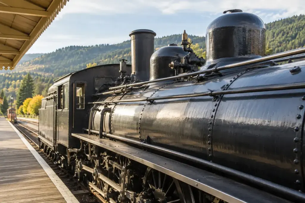 A steam locomotive with domes along the top of its boiler.