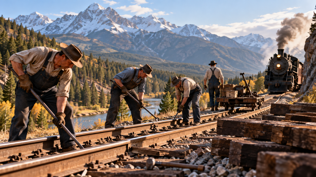 railroad section crews maintaining track and wooden ties along a historic Montana rail line