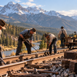 railroad section crews maintaining track and wooden ties along a historic Montana rail line