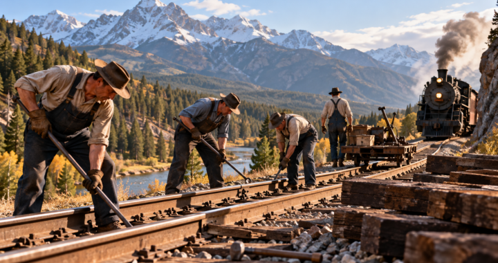 railroad section crews maintaining track and wooden ties along a historic Montana rail line