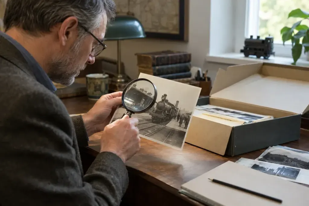 Archive researcher examining an old steam railway photograph with a magnifying glass beside a catalogue folder, clean hands.
