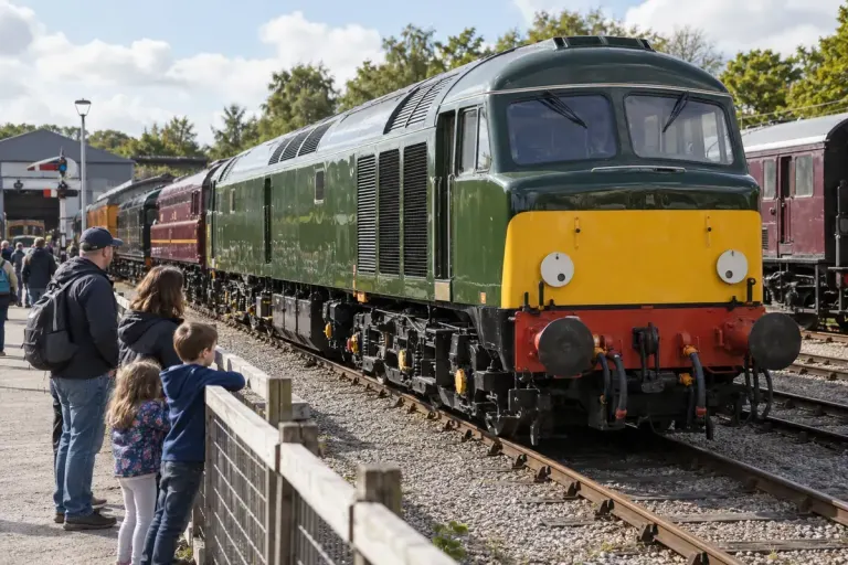 Preserved diesel electric locomotive in a railway museum yard photographed from trackside public walkway.