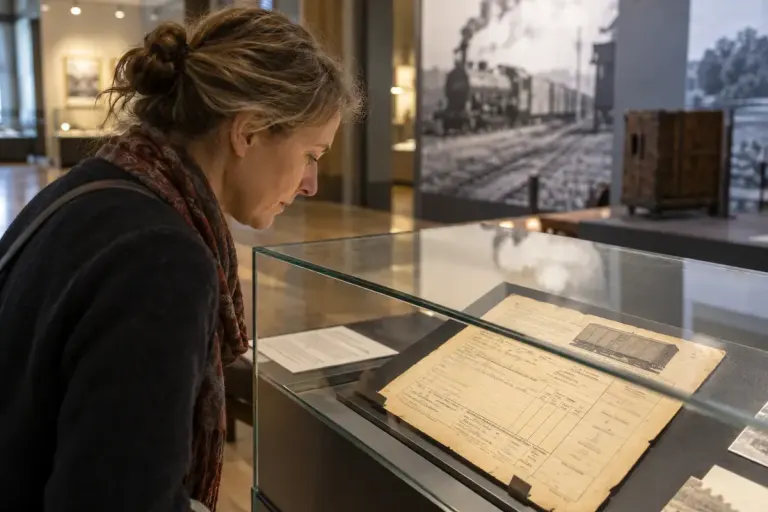A museum visitor examining an old railway freight waybill displayed safely behind glass.