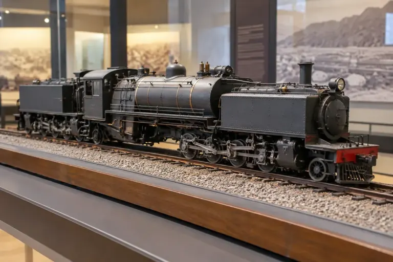 Museum model of a garratt articulated steam locomotive on display.