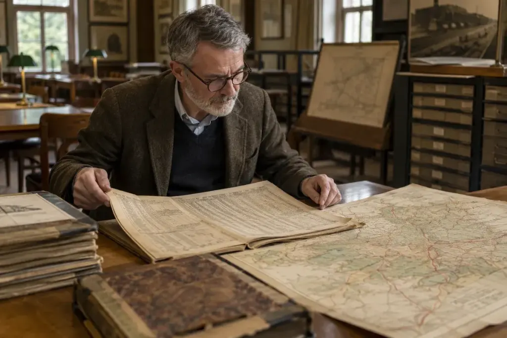 Historian examining an old railway timetable beside a route map in an archive reading room, period papers without readable text.