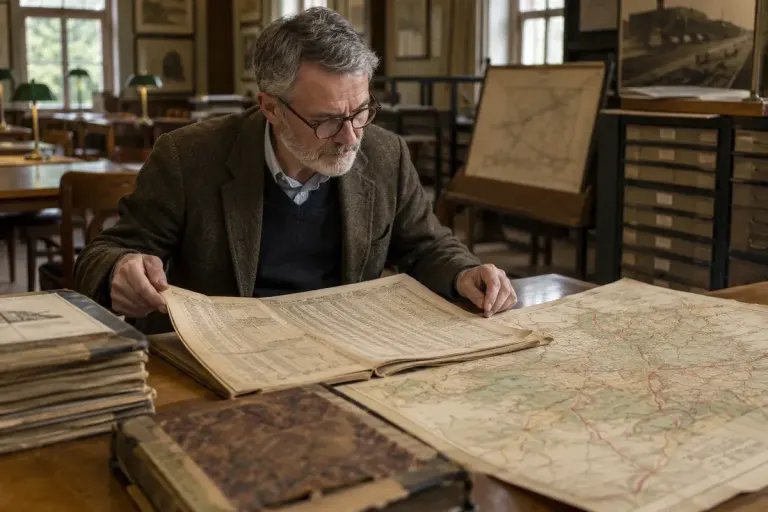 Historian examining an old railway timetable beside a route map in an archive reading room, period papers without readable text.