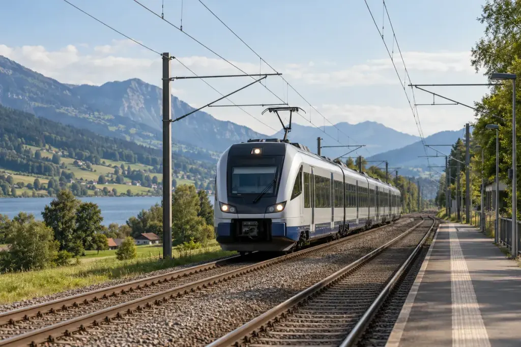An electric passenger train with its pantograph raised beneath overhead wires.