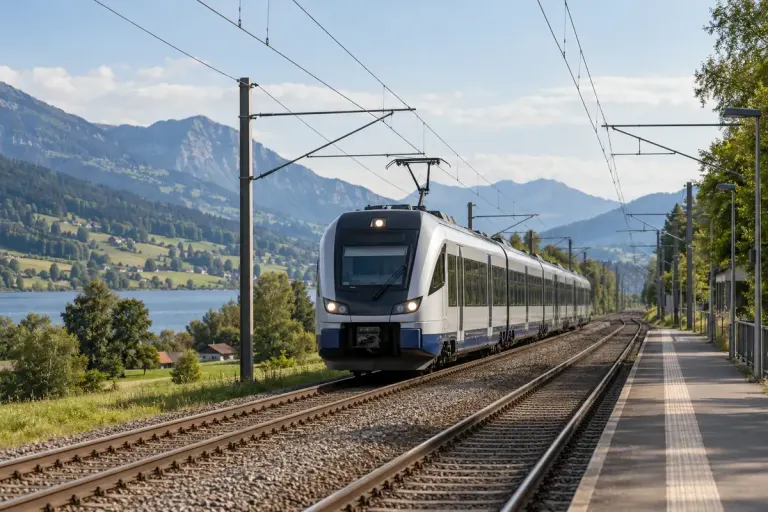 An electric passenger train with its pantograph raised beneath overhead wires.