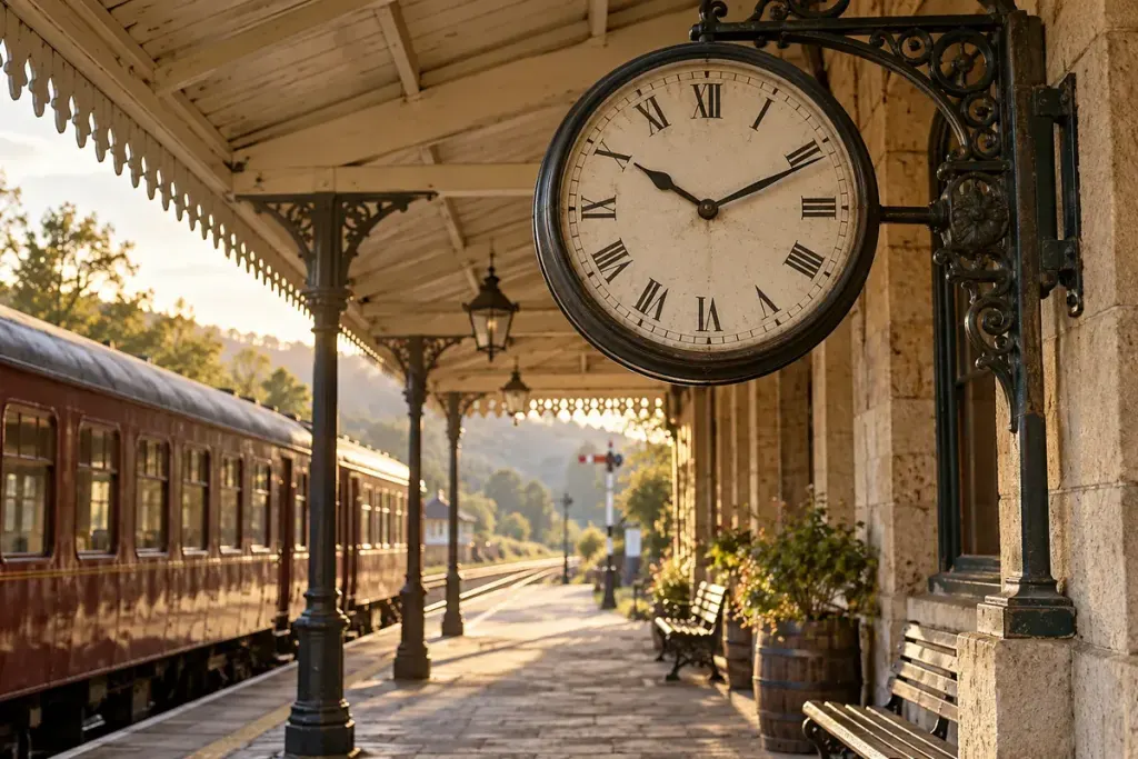 An antique railway station clock above an old platform.