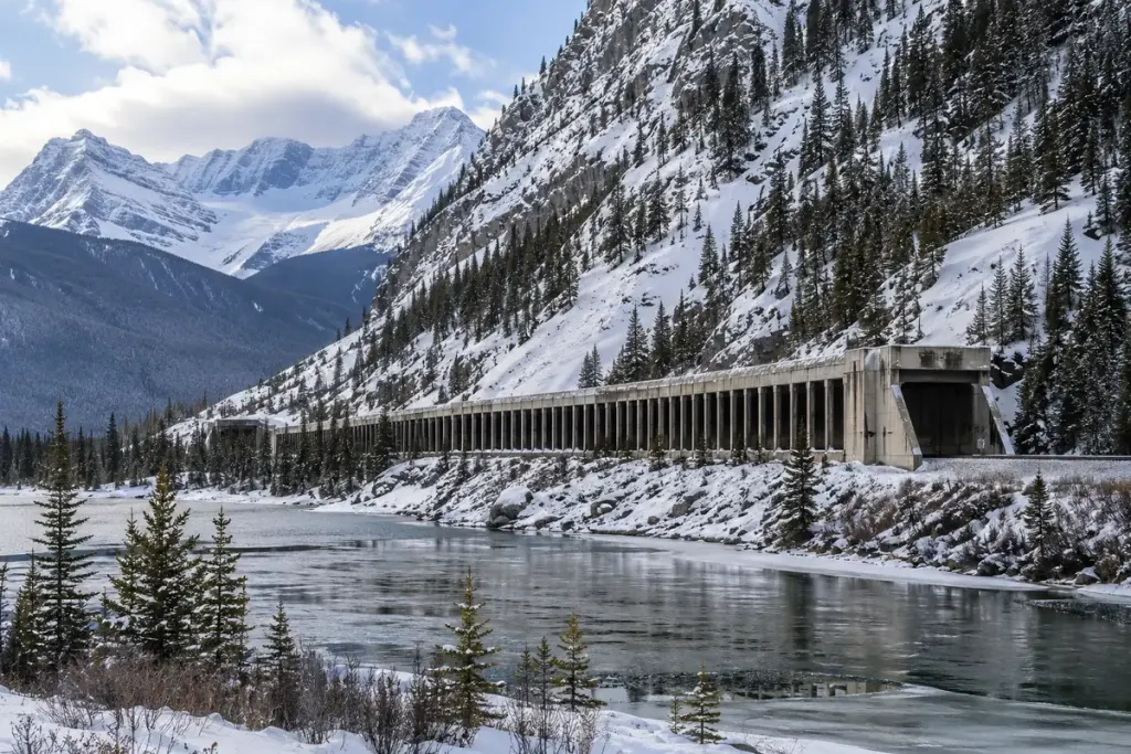 A covered railway section beneath a snowy mountain slope.