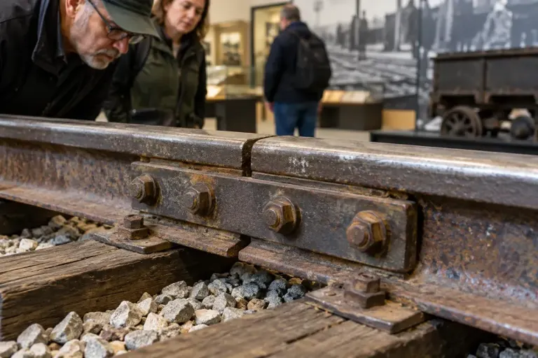 A close documentary-style view of a historical railway rail joint and fishplates in a museum display.