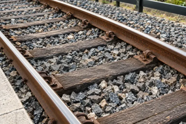 Close view railway ballast and sleepers from safe museum platform.