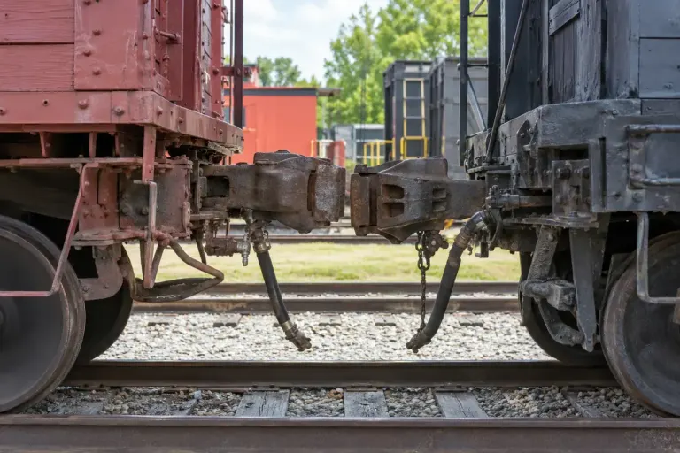 Freight wagon couplers viewed from a public railway museum display.