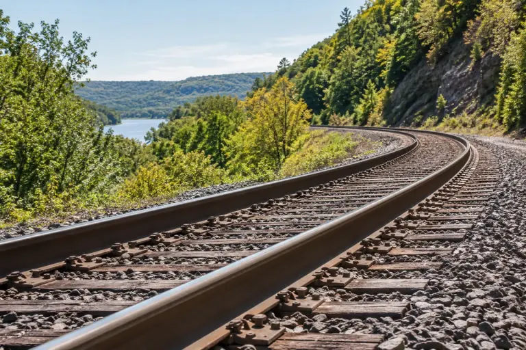 A curved railway track with a subtly elevated outer rail seen safely from a public viewpoint.