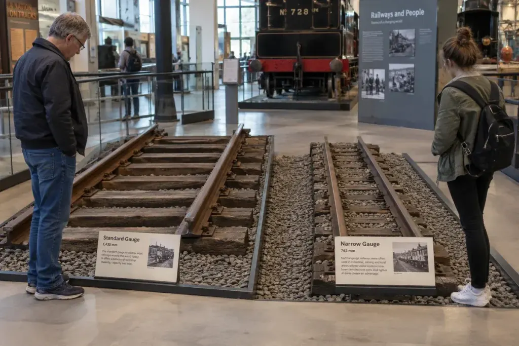 Railway museum display with two short track sections of clearly different gauges side by side, empty tracks in a safe exhibit area.