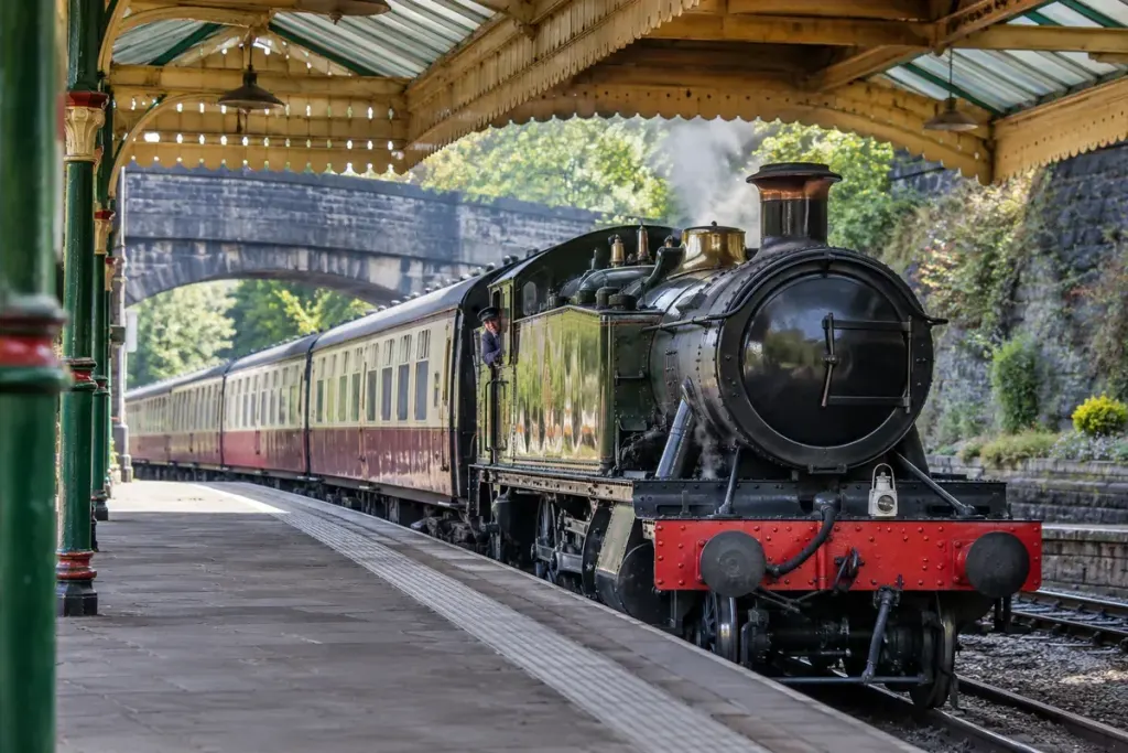 A preserved railway carriage passing beneath a station canopy with visible clearances viewed from a safe platform.