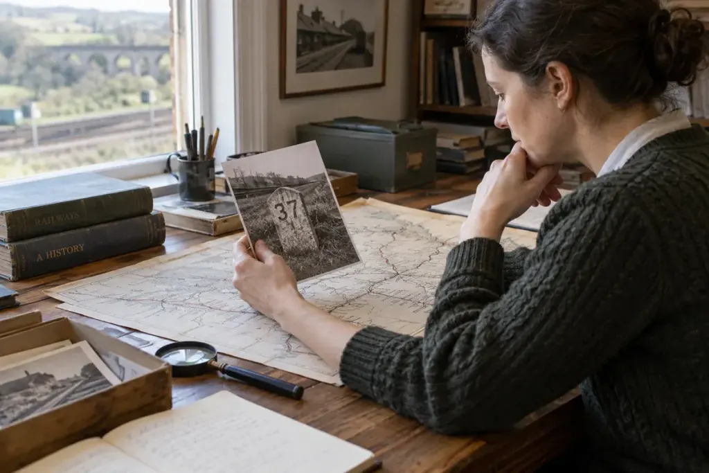 An archive researcher comparing a vintage railway route map and a photograph of a weathered railway distance marker at a wooden desk.