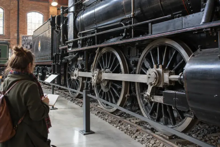 A museum visitor taking notes beside the driving wheels of a preserved steam locomotive.