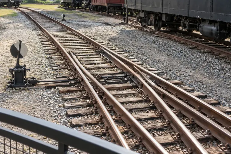 Railway turnout photographed from a safe museum public viewing platform.