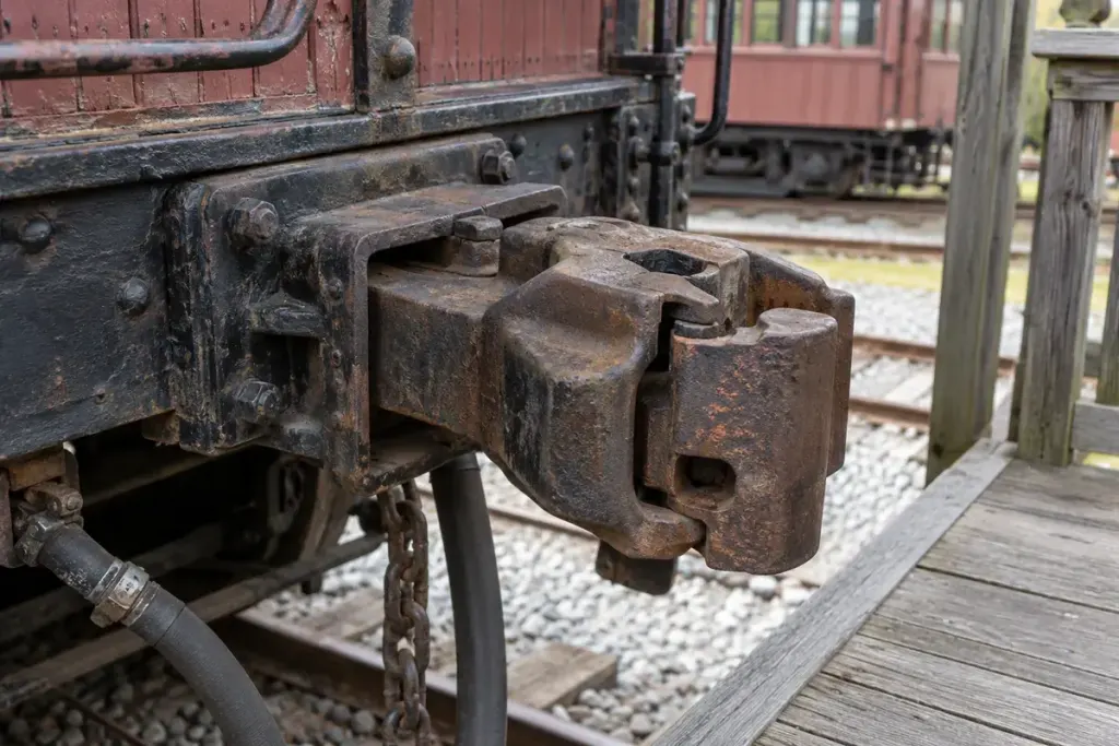 Close up of a historic railway knuckle coupler on a stationary museum carriage viewed from a permitted visitor platform.