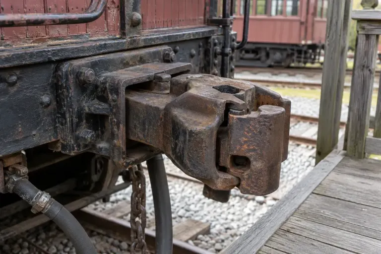 Close up of a historic railway knuckle coupler on a stationary museum carriage viewed from a permitted visitor platform.