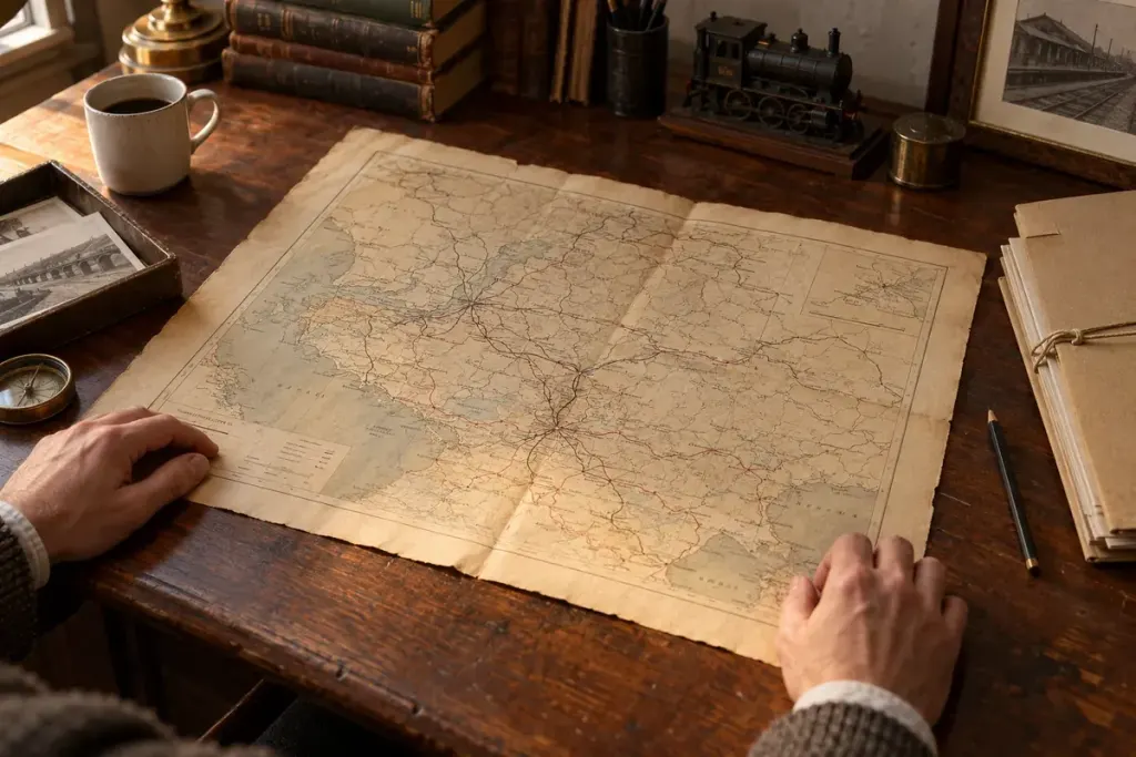 A generic historical railway map on a research desk beside an archival folder.