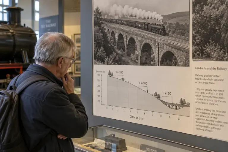 A railway museum visitor examining a track-gradient diagram beside a historic railway photograph.