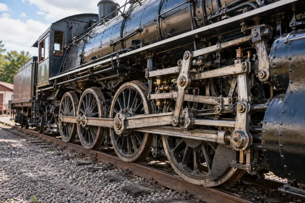 A stationary preserved steam locomotive with its exposed valve gear and driving wheels clearly visible.