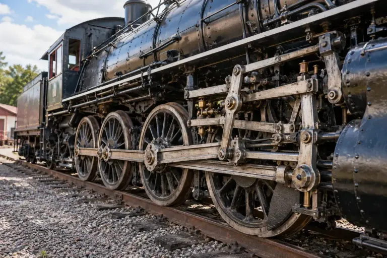 A stationary preserved steam locomotive with its exposed valve gear and driving wheels clearly visible.