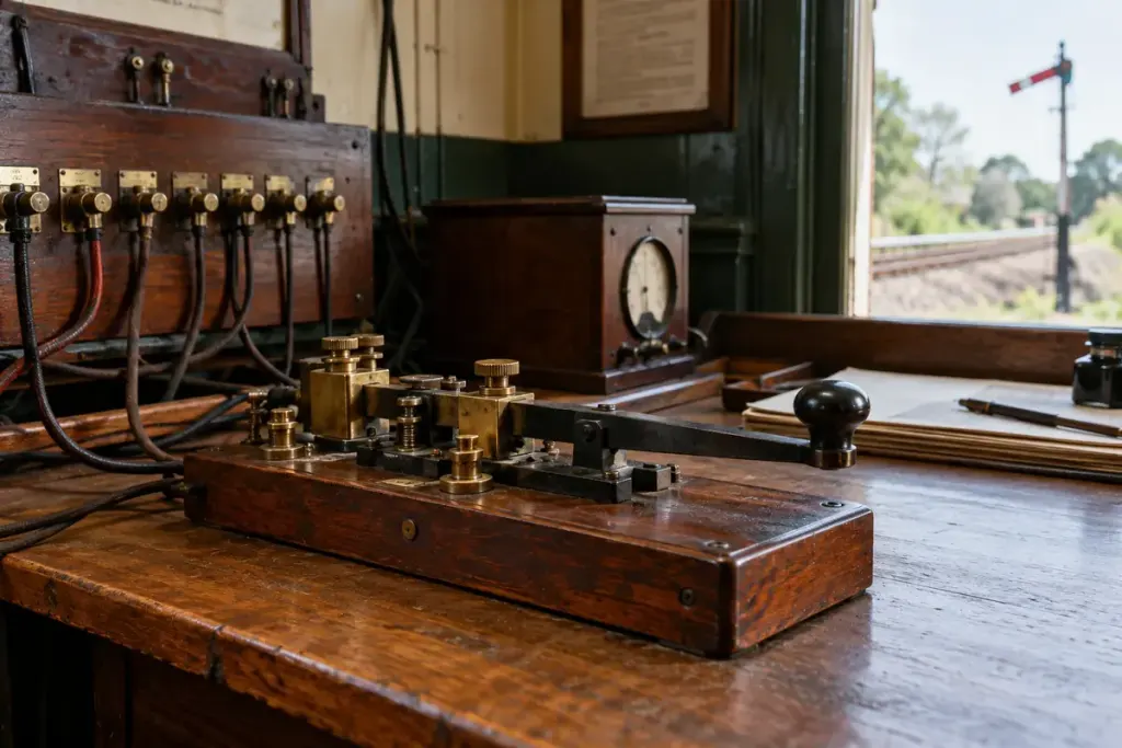 A preserved railway telegraph instrument on a museum workbench with period wires.
