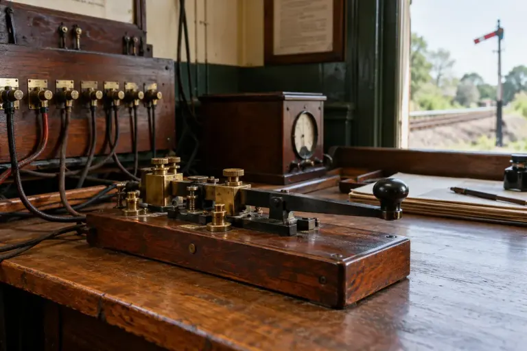 A preserved railway telegraph instrument on a museum workbench with period wires.