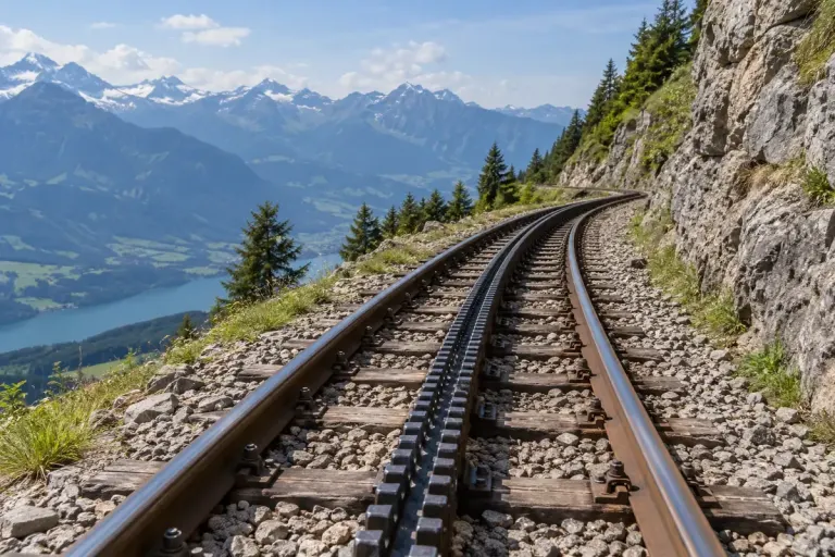 A mountain railway track with a clearly visible toothed rack rail between the running rails.