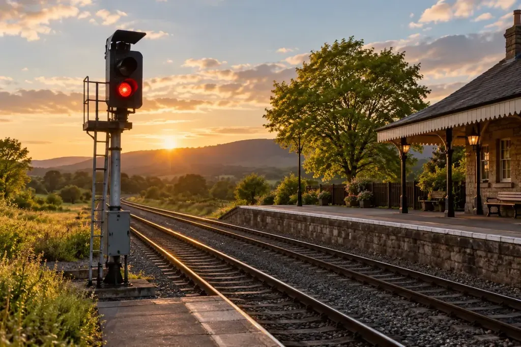 A railway signal beside two tracks at a rural station, realistic safe platform viewpoint, no person on tracks, late afternoon.
