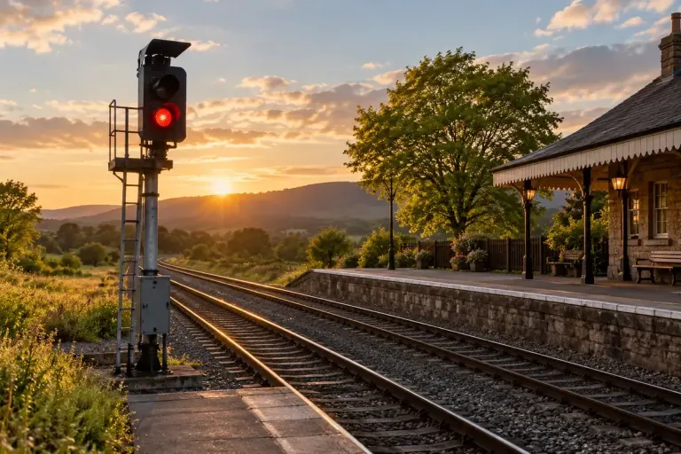 A railway signal beside two tracks at a rural station, realistic safe platform viewpoint, no person on tracks, late afternoon.