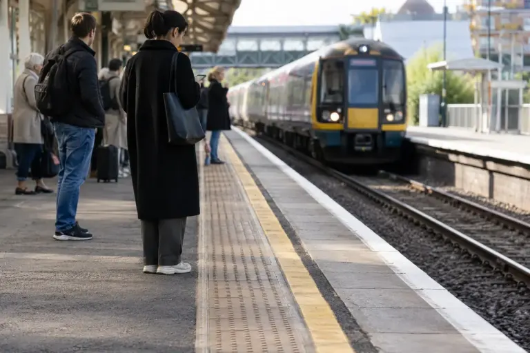 A railway platform tactile strip photographed safely from well inside the platform.